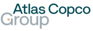 Logo Atlas Copco Group berwarna biru dan abu-abu dengan desain tipografi modern.