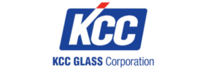 Logo KCC Glass Corporation dengan huruf KCC biru dan aksen merah