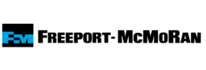 Logo Freeport-McMoRan dengan latar putih dan teks tebal hitam, disertai simbol biru di sebelah kiri.