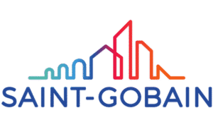 Logo Saint-Gobain berwarna-warni dengan ilustrasi skyline dan teks biru di latar putih.